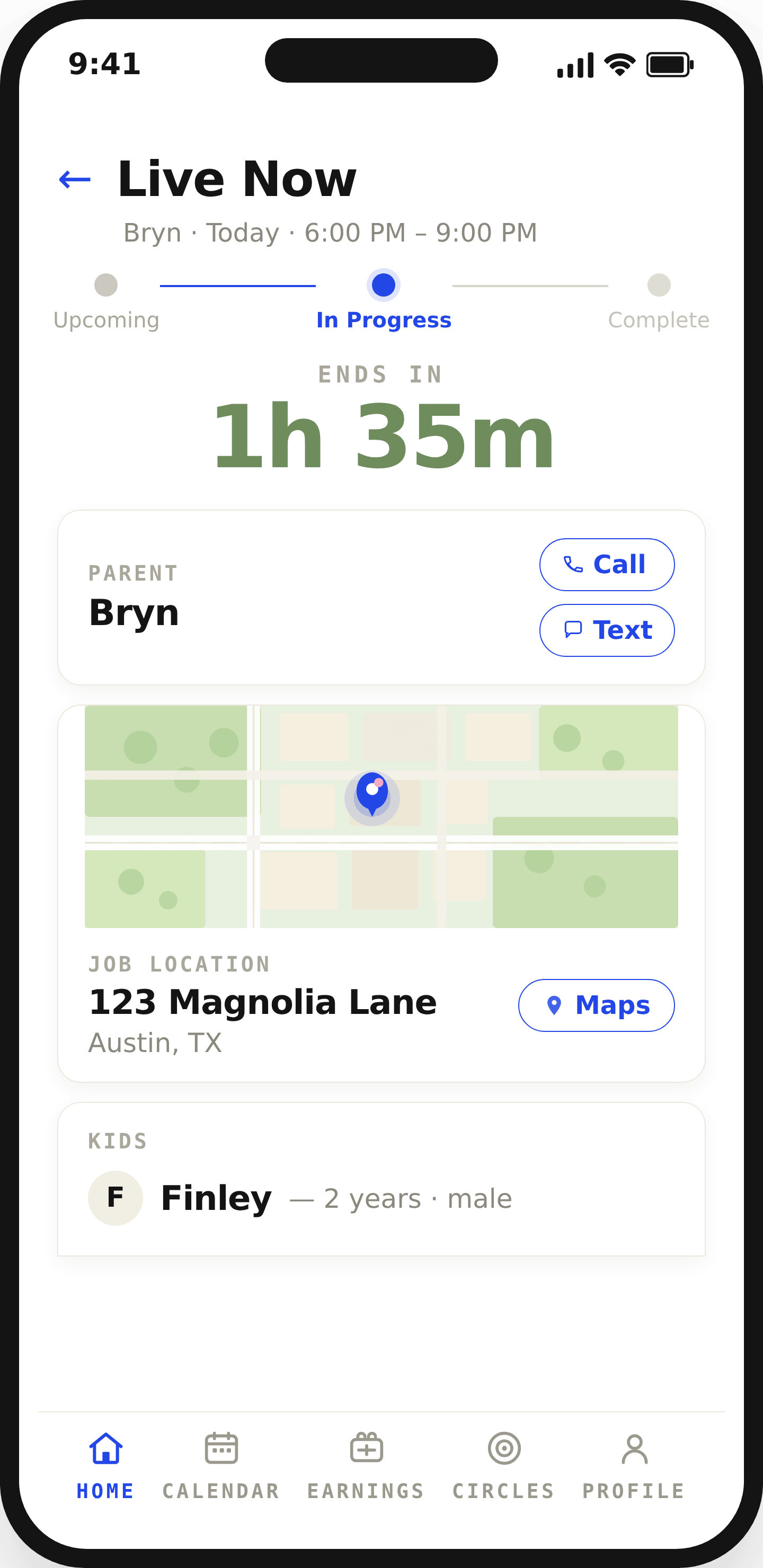 SitterCircle Job Mode screen: a live job with time remaining, the family, and the address