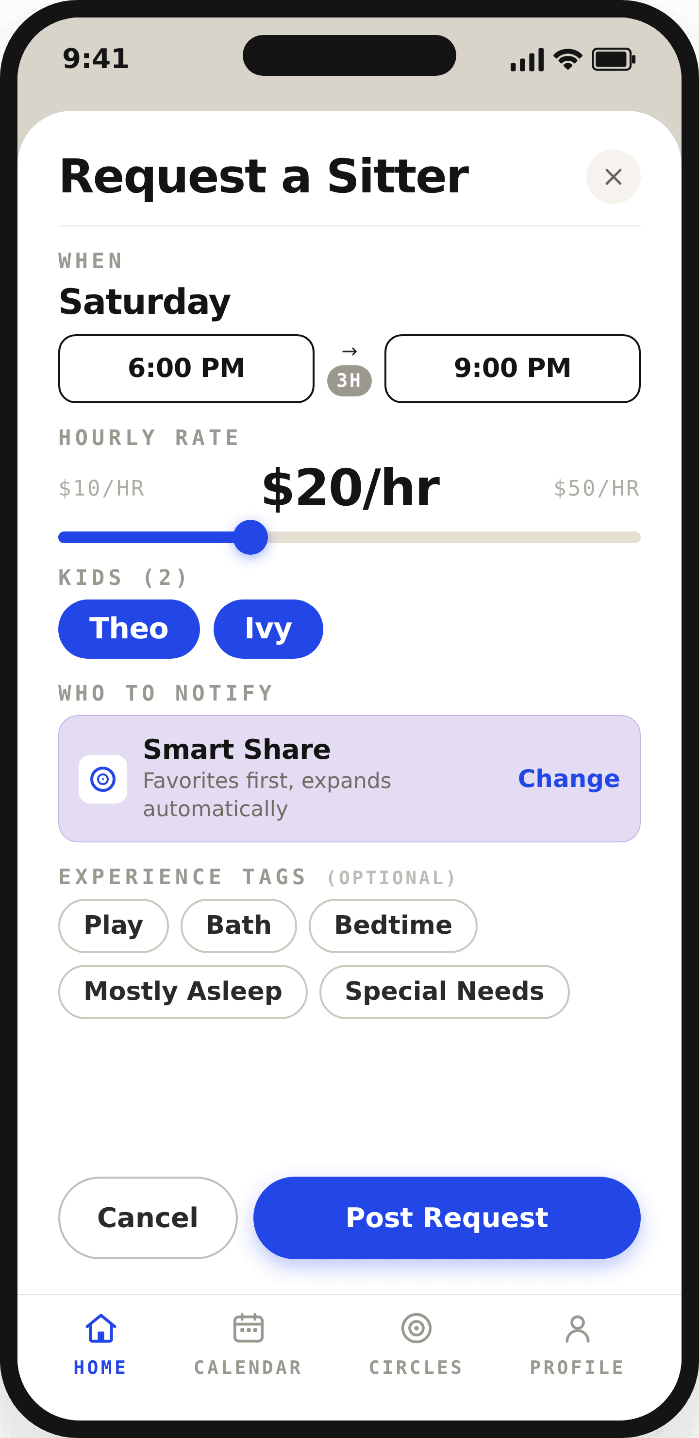 SitterCircle request screen: date, hourly rate, kids, and Smart Share reach